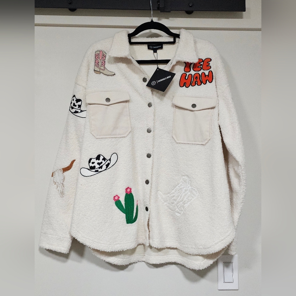 Free People Cream Sherpa Jacket with Western Embroidery